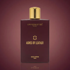 Perfume bottle labeled 'Ashes of Leather' by Uppernotes on a dark red background
