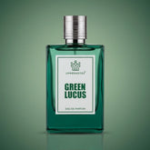 Green perfume bottle labeled 'Green Lucus' by Uppernotes on a green background