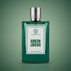 Green perfume bottle labeled 'Green Lucus' by Uppernotes on a green background