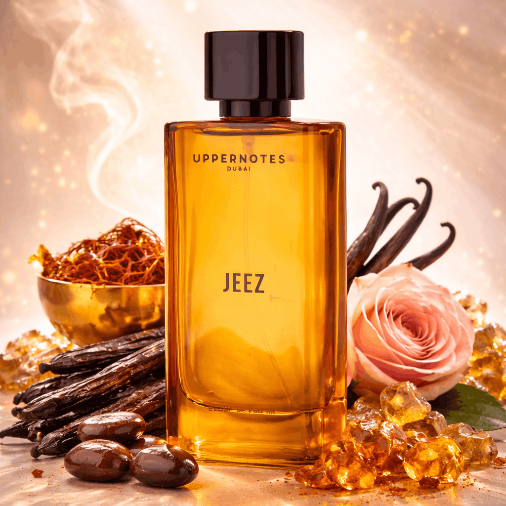 Perfume bottle labeled 'JEEZ' surrounded by vanilla beans, a rose, and gold elements on a warm background.