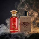 2 perfumes bottles with names "Last Bliss" and "Desert Majesty Midnight", with oud rose notes and long-lasting all day in DUBAI, Brand name is UPPERNOTES DUBAI