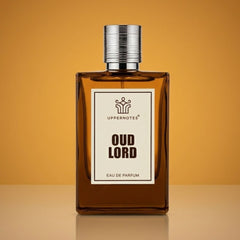 Brown perfume bottle labeled 'Oud Lord' by Uppernotes on a yellow background