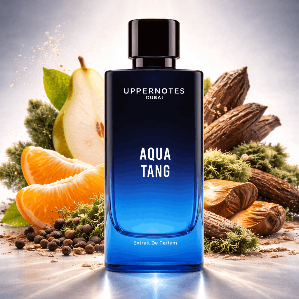 Blue perfume bottle labeled 'Aqua Tang' by Uppernotes Dubai with natural elements in the background.