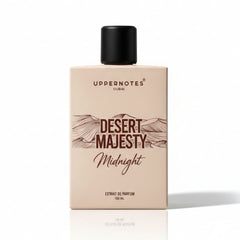 Perfume bottle labeled 'Desert Majesty Midnight' by Uppernotes Dubai on a white background
