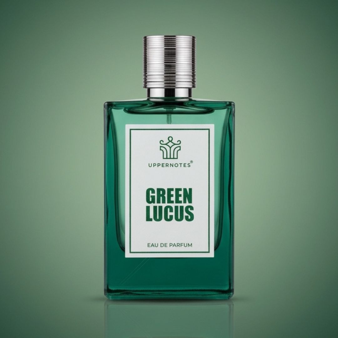 Green perfume bottle labeled 'Green Lucus' by Uppernotes on a green background