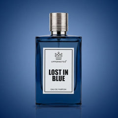 Blue perfume bottle labeled 'Lost in Blue' by Uppernotes on a blue background
