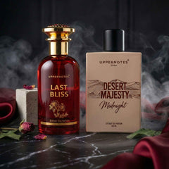2 perfumes bottles with names "Last Bliss" and "Desert Majesty Midnight", with oud rose notes and long-lasting all day in DUBAI, Brand name is UPPERNOTES DUBAI