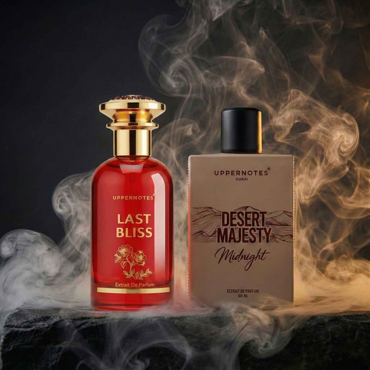 2 perfumes bottles with names "Last Bliss" and "Desert Majesty Midnight", with oud rose notes and long-lasting all day in DUBAI, Brand name is UPPERNOTES DUBAI