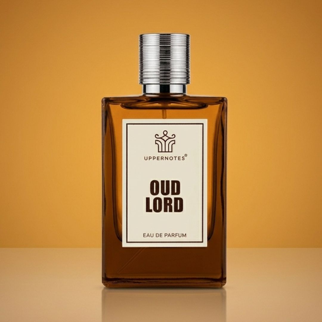 Brown perfume bottle labeled 'Oud Lord' by Uppernotes on a yellow background