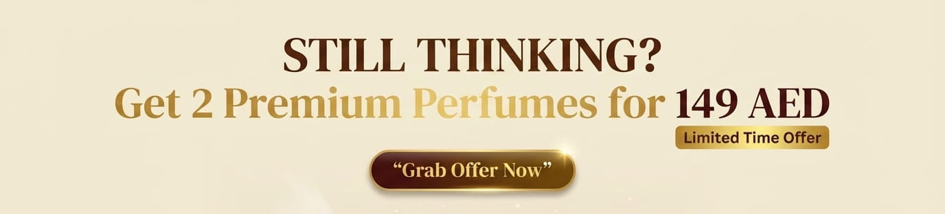 Two premium perfumes on a white stand with promotional text on a beige background