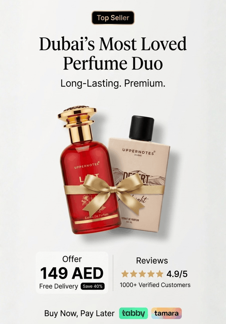 Two perfume bottles with packaging on a white background, featuring text about Dubai's most loved perfume duo.