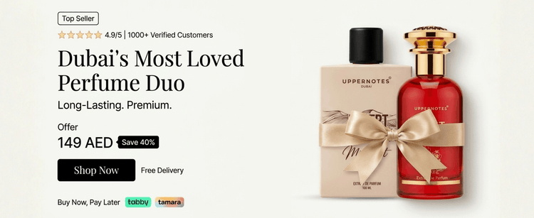 Two perfume bottles with a box on a white background, featuring text about Dubai's most loved perfume duo.