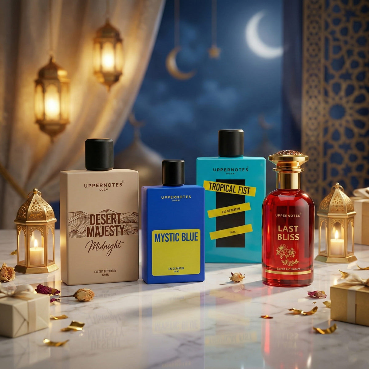 Collection of Uppernotes perfume bottles with decorative lanterns and gift boxes on a table.
