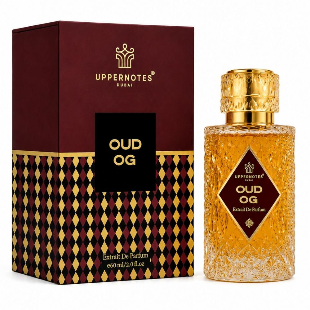 Uppernotes Oud OG Eau de Parfum bottle next to its dark red and gold patterned packaging box, set against a plain white background.