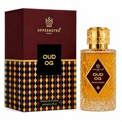 Uppernotes Oud OG Eau de Parfum bottle next to its dark red and gold patterned packaging box, set against a plain white background.