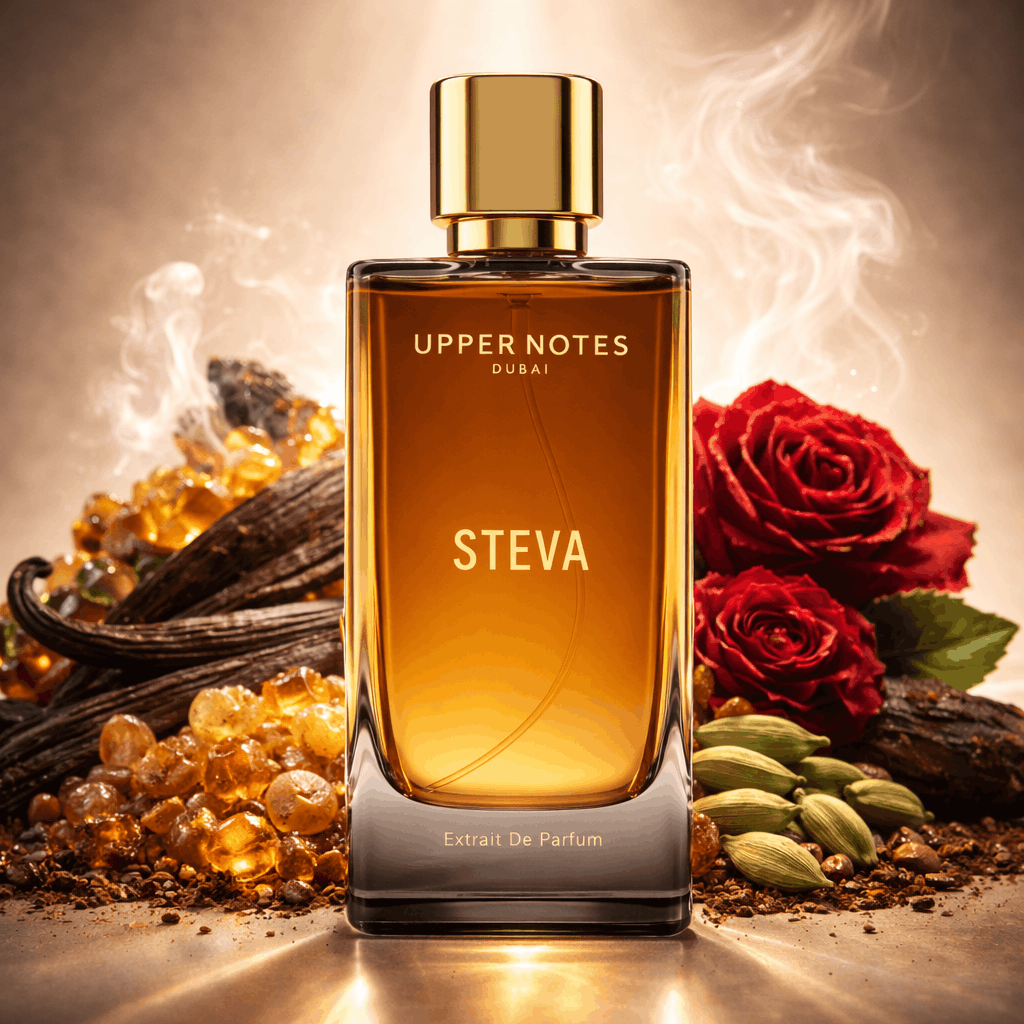 Perfume bottle labeled 'Steva' surrounded by flowers and spices on a dark background